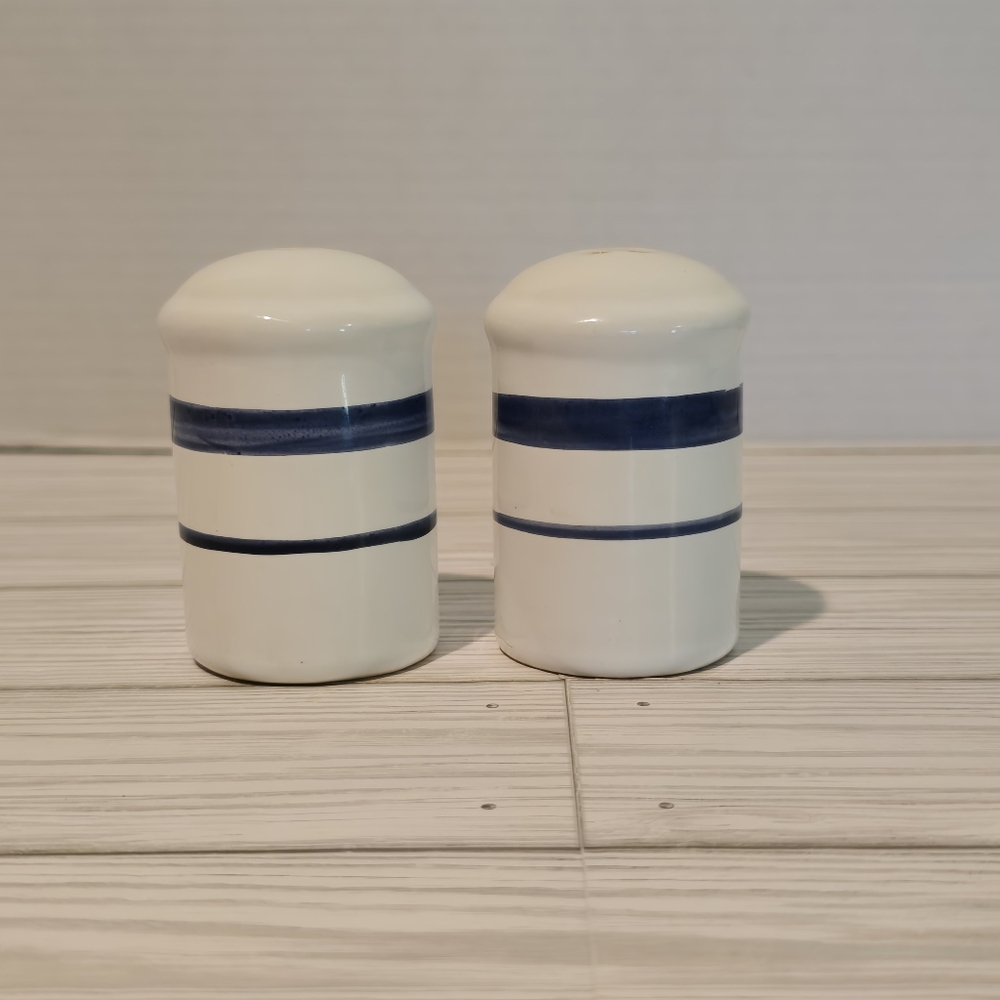 Nautica Portugal Ceramic Salt and Pepper Shakers White With Blue Stripes 3"
